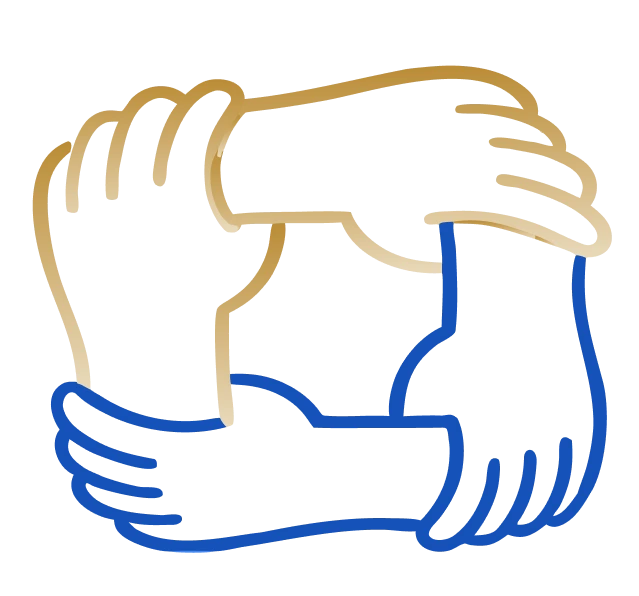Two hands clasping in a supportive gesture, one tan and one blue, symbolizing teamwork and collaboration