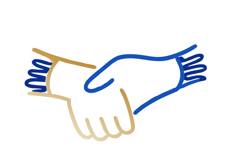 Two hands shaking in blue and tan line art, symbolizing partnership and teamwork