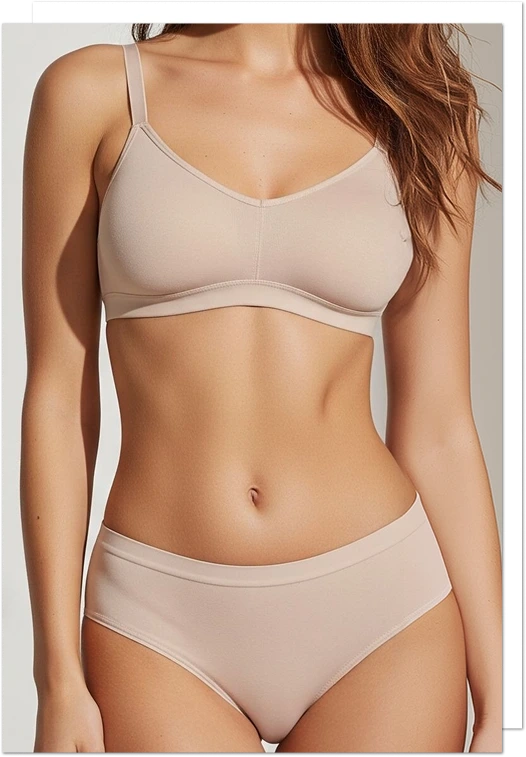 Woman displaying a toned abdomen and torso in beige undergarments