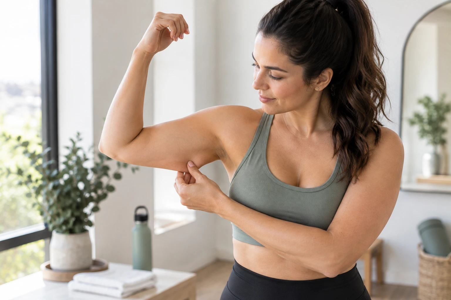 Woman examining loose skin on her upper arm after weight loss