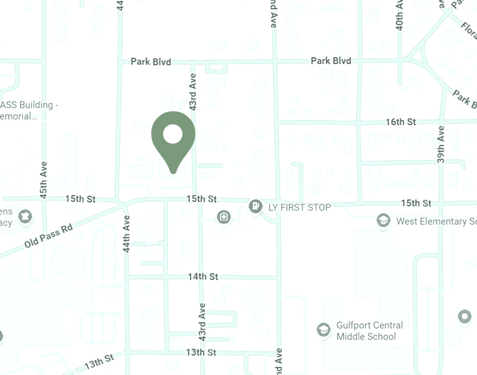 Map of Gulfport location with green location pin marker on 44th Avenue near Park Boulevard