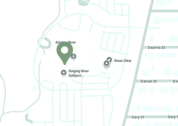 Map of North Gulfport location with green pin marker near Singing River area