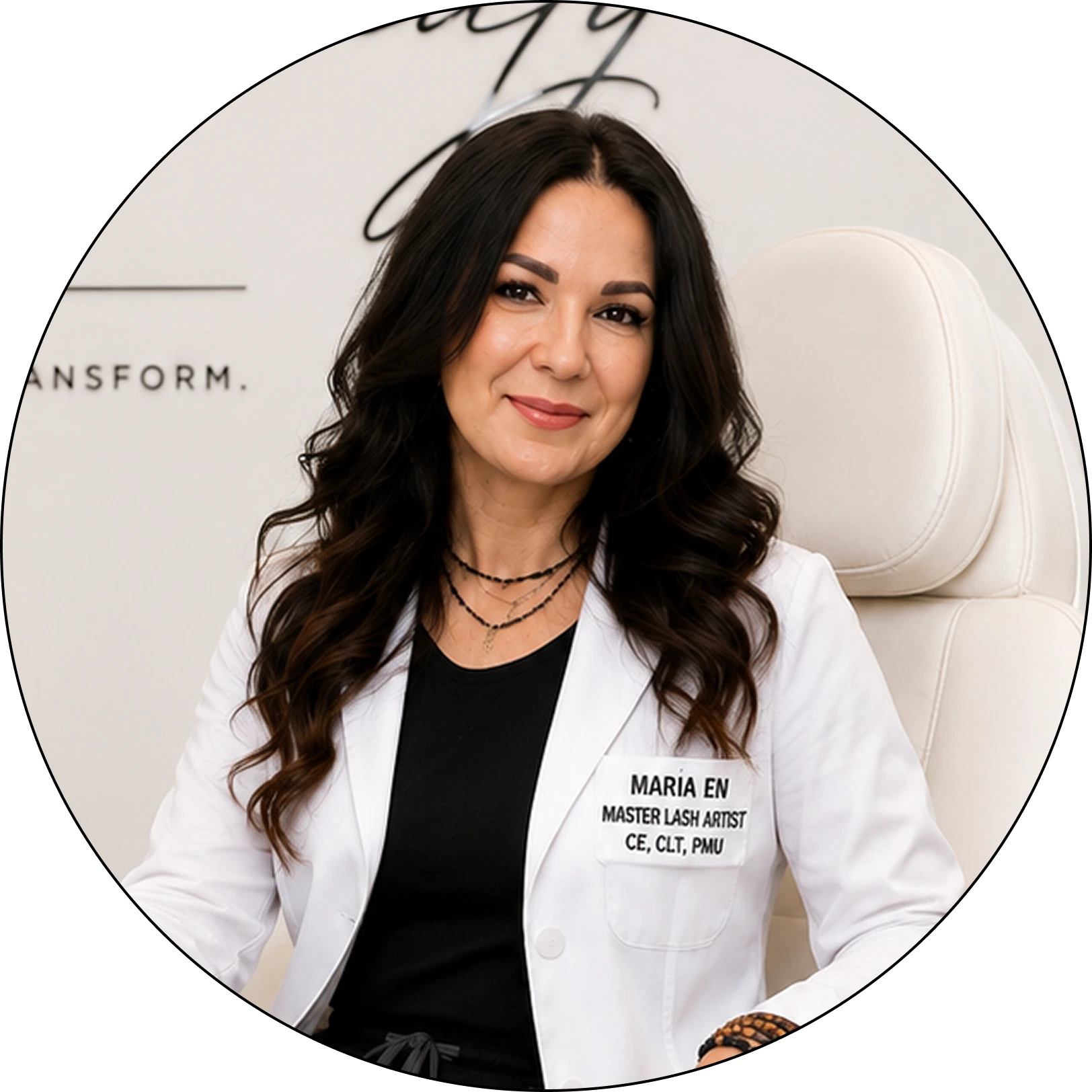 Maria En, Master Lash Artist, wearing white coat with credentials CE, CLT, PMU