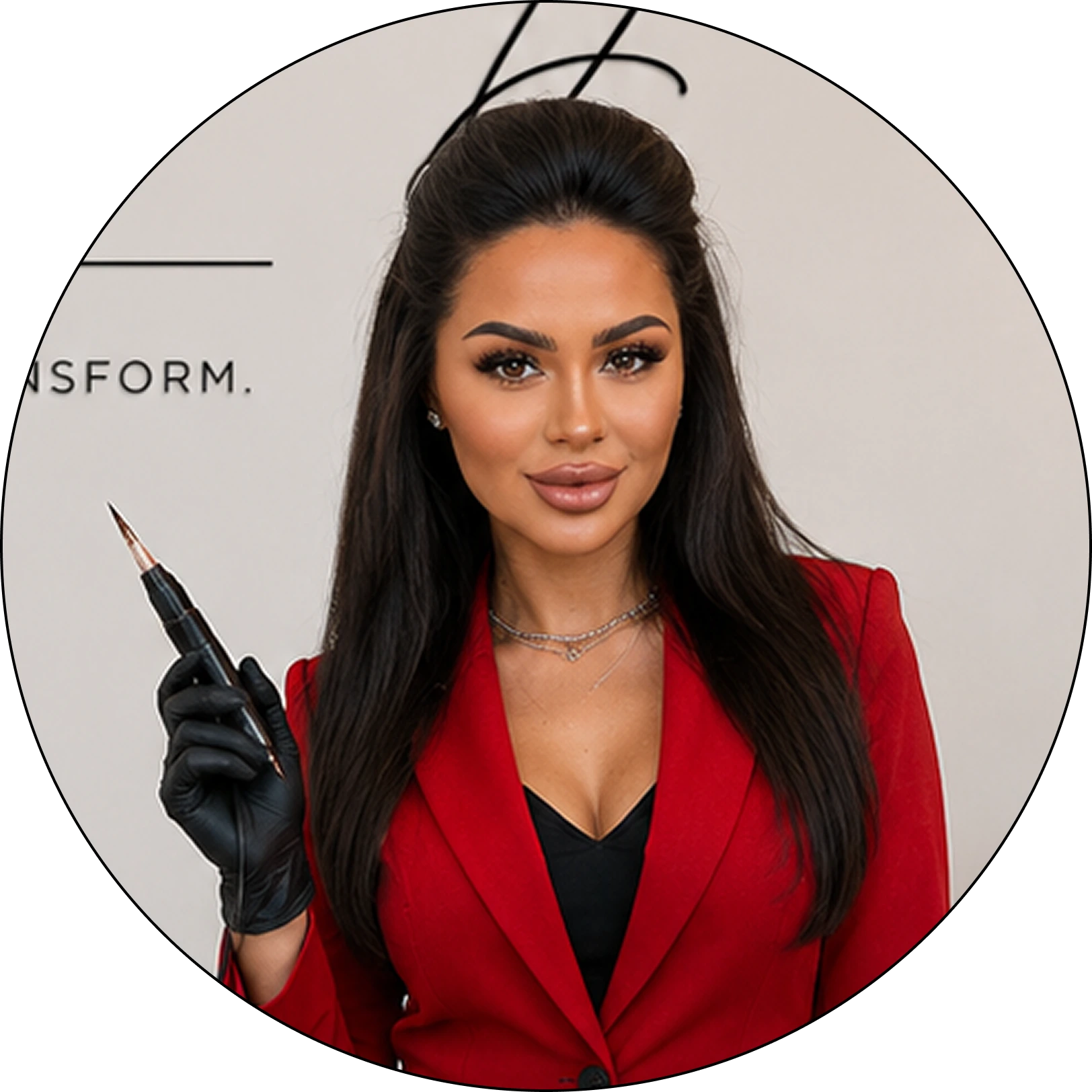 Team member in red blazer holding a microblading pen, wearing black gloves