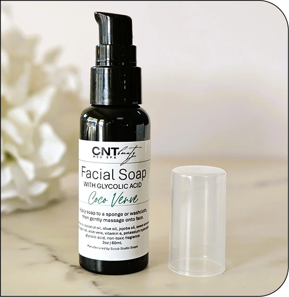 CNT Facial Soap with Glycolic Acid in Coco Verse formula, 2oz bottle with spray pump and clear cap