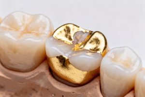 Close-up of a gold dental crown restoration on a molar