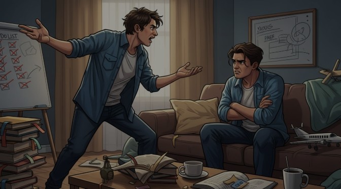 Two men in a living room, one gesturing animatedly while standing, the other sitting on a couch with arms crossed