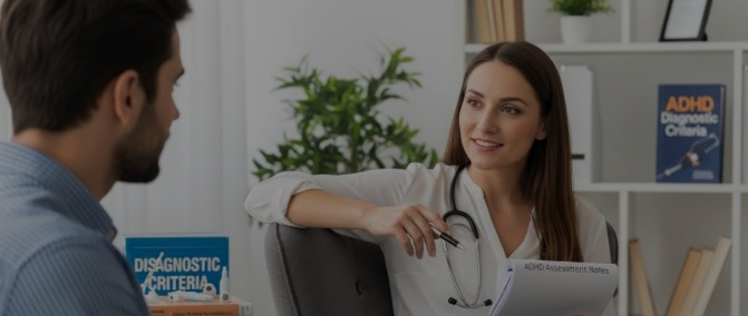 Female therapist with stethoscope discussing ADHD assessment with male patient in clinical office