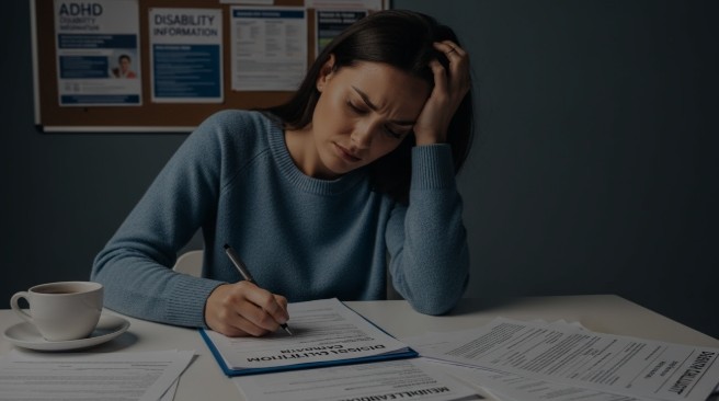 Woman completing disability paperwork at a desk with ADHD and disability information posters on the wall behind her