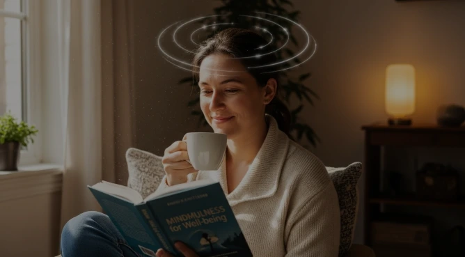 Woman reading a book while holding a mug, with concentric circles illustrated around her head to represent tinnitus