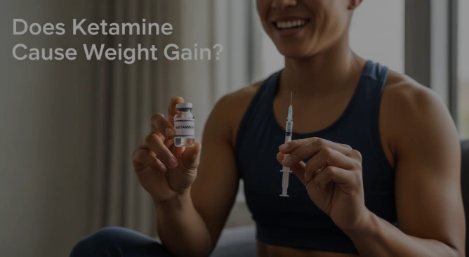 Person holding a ketamine vial and syringe while smiling indoors