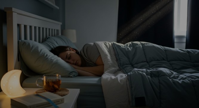 Person sleeping peacefully in bed with a warm lamp and water on the nightstand