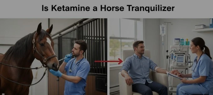 Veterinarian administering ketamine to a horse on the left; on the right, medical professional discussing ketamine treatment with a patient in a clinical setting