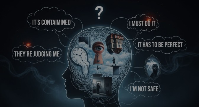 Silhouette of a head filled with intrusive thoughts in speech bubbles: "It's contaminated," "I must do it," "It has to be perfect," "They're judging me," "I'm not safe," and a question mark, illustrating OCD thought patterns