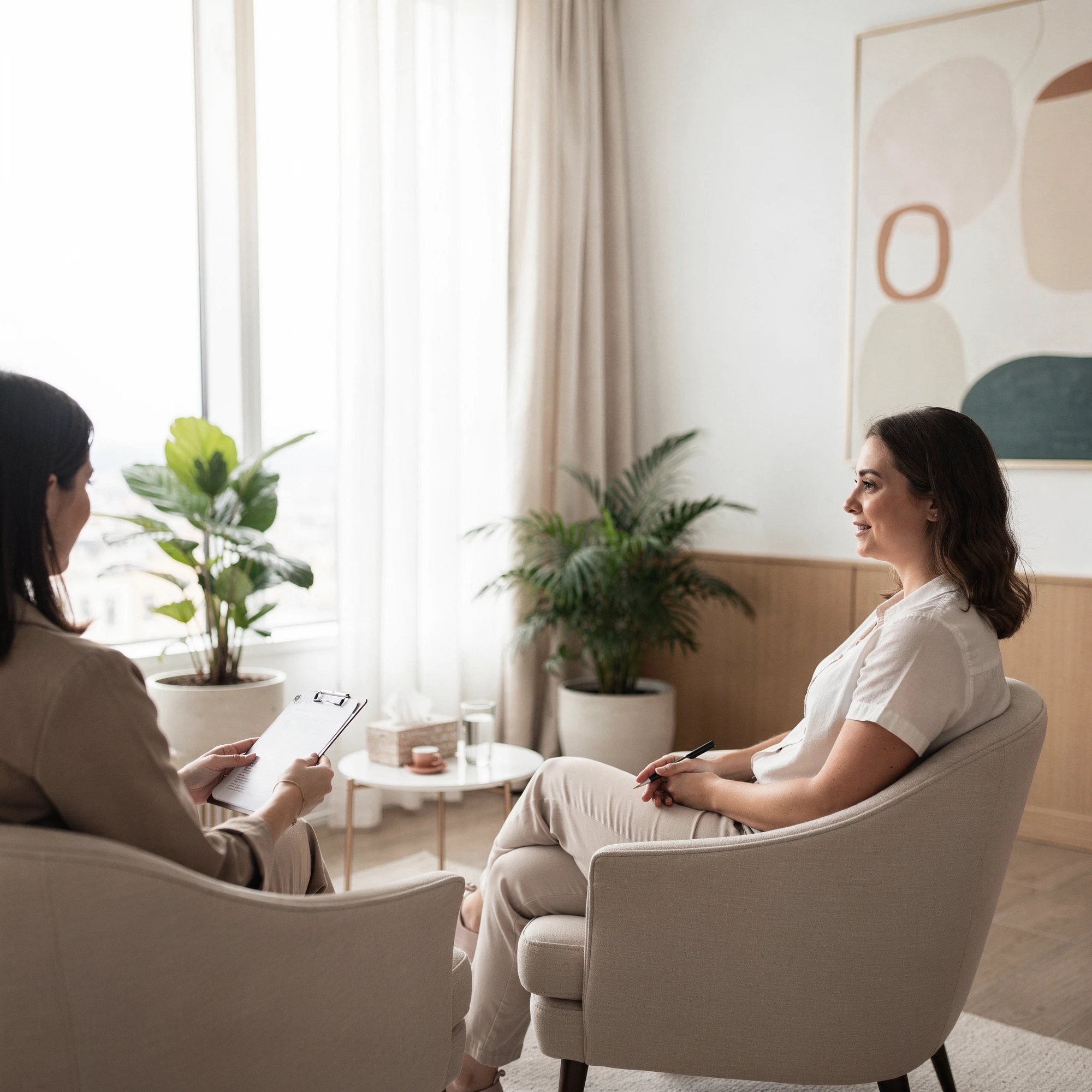 Healthcare provider taking notes while consulting with patient in modern, plant-filled office setting