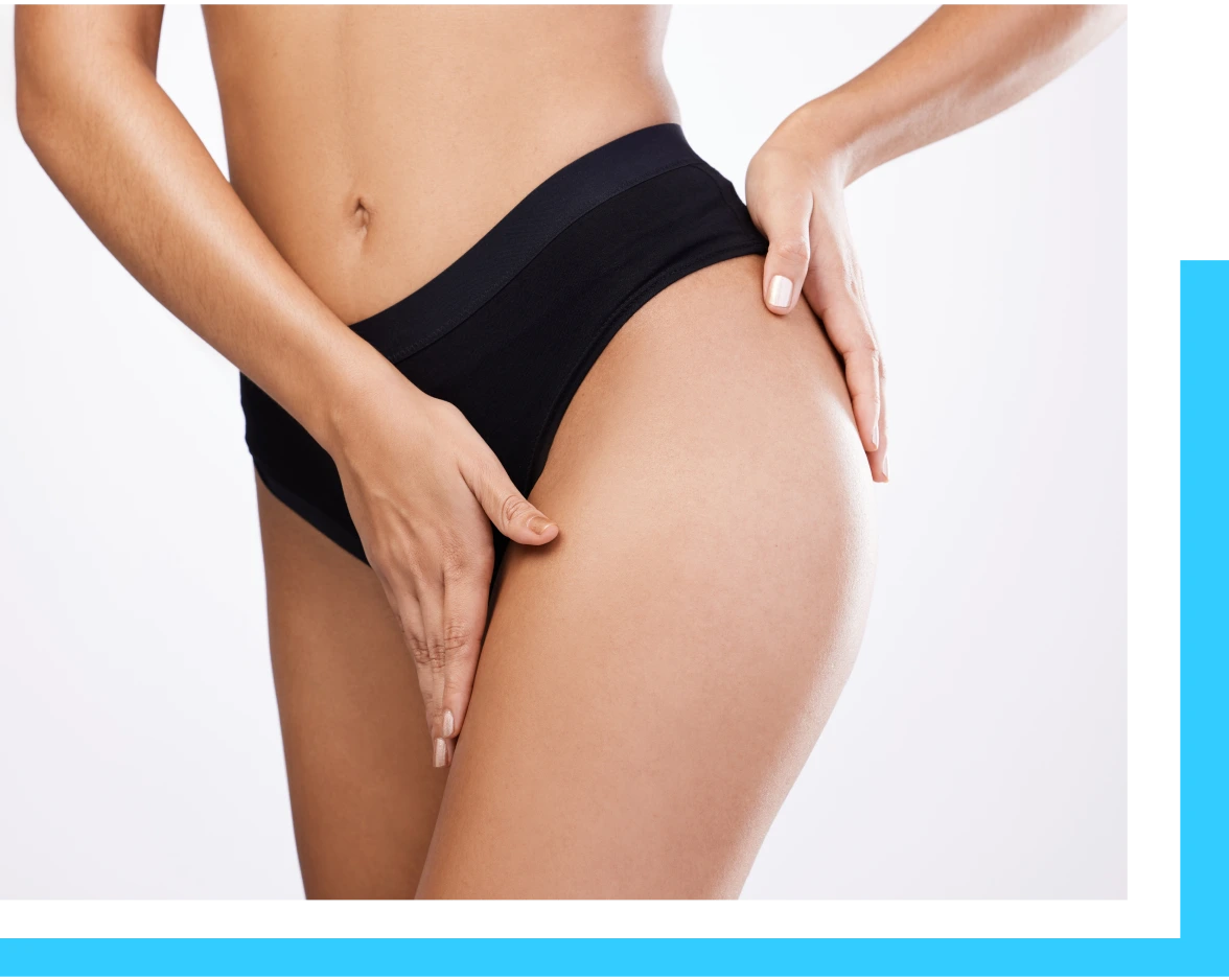 Person demonstrating smooth skin texture on thigh and buttock area