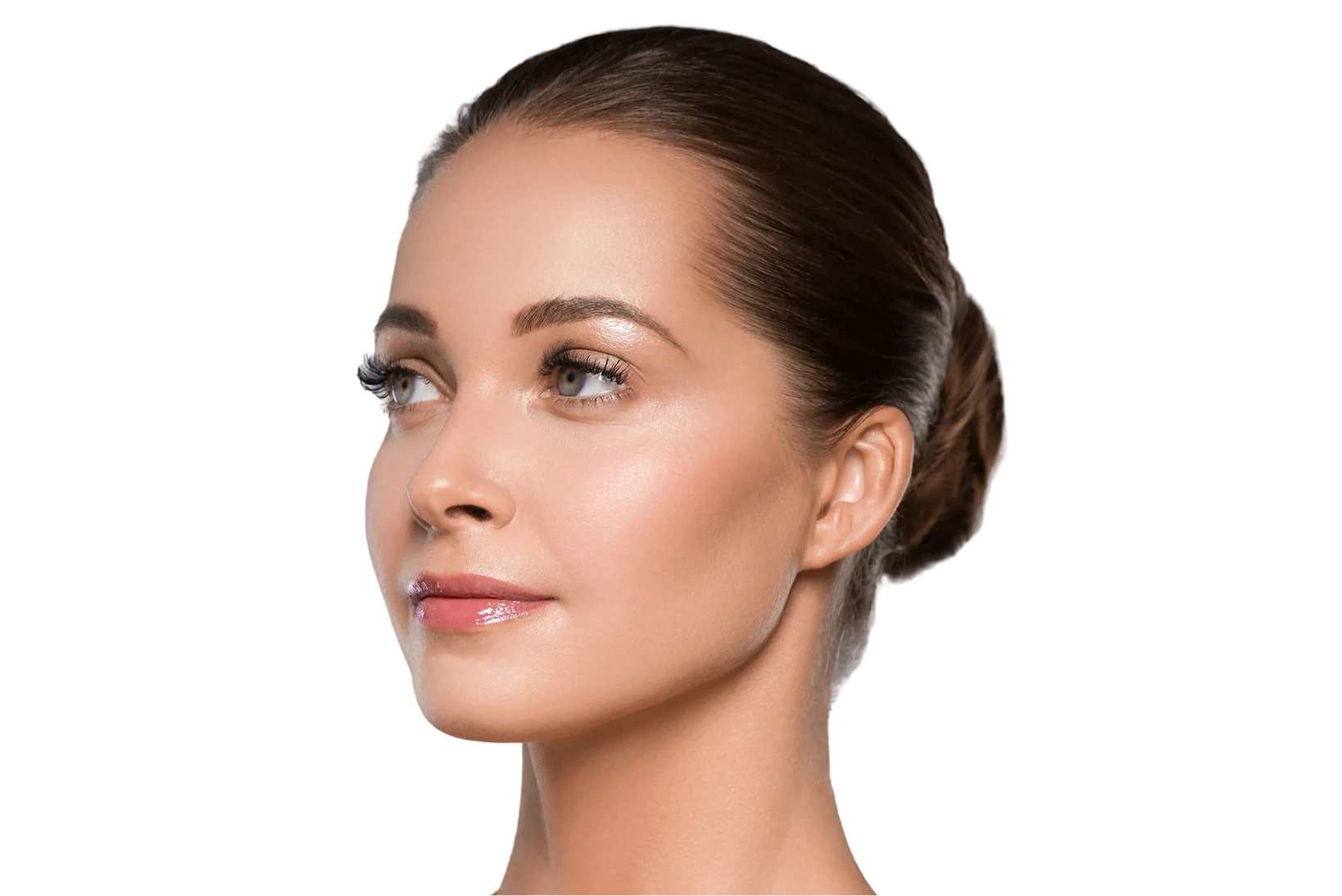 Woman's face in profile showing smooth, lifted skin texture on cheek and jawline