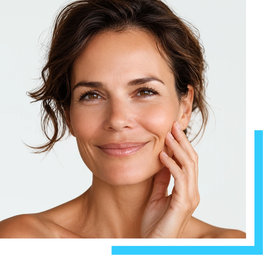 Woman with smooth, tightened skin on her face and jawline, touching her cheek
