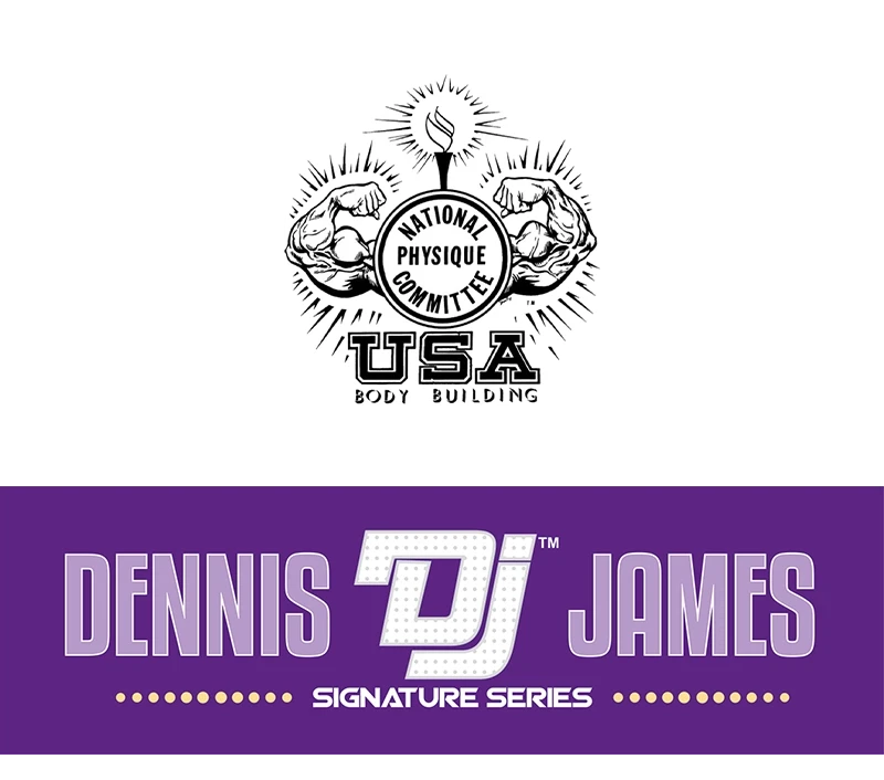 National Physique Committee USA Body Building logo and Dennis James Signature Series banner