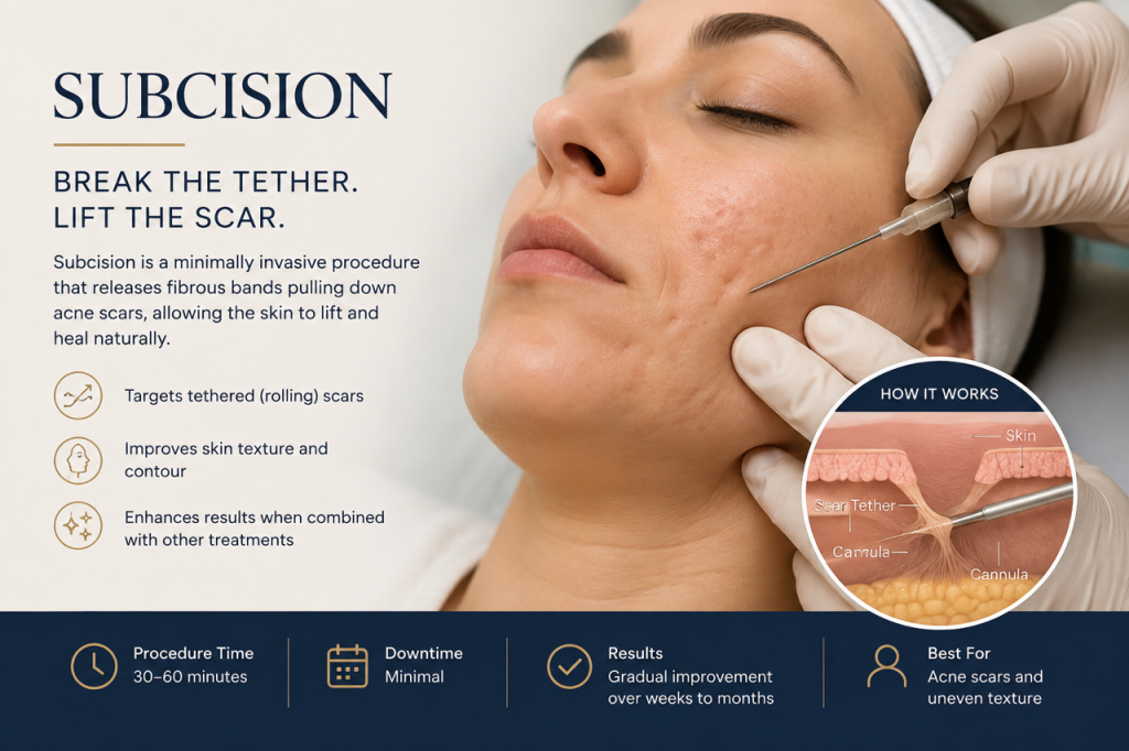 Clinician performing subcision procedure on patient's cheek with cannula to treat acne scars
