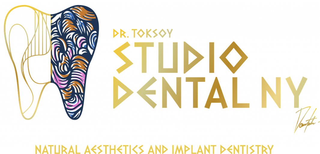 Dr. Toksoy Studio Dental NY logo with stylized tooth and text 'Natural Aesthetics and Implant Dentistry'