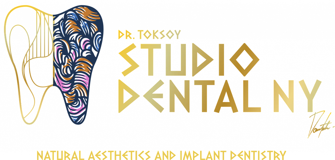 Dr. Toksoy Studio Dental NY logo with stylized tooth and text 'Natural Aesthetics and Implant Dentistry'