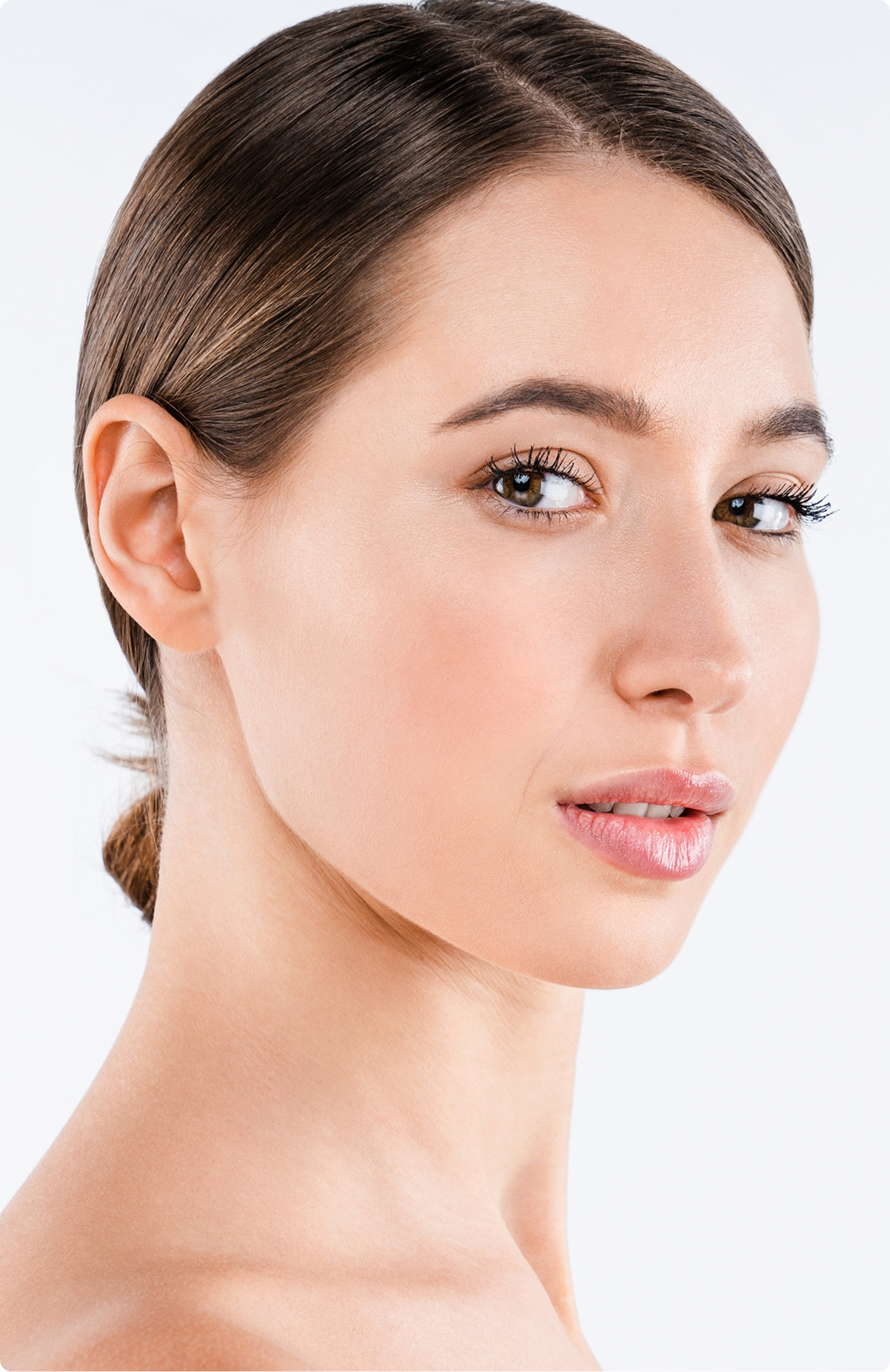 Woman's profile view showing nose and facial features against neutral background