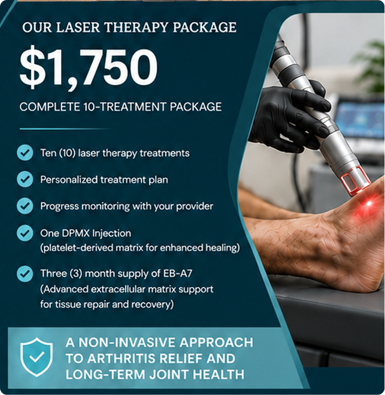 Laser therapy device emitting red light on a patient's foot and ankle during treatment