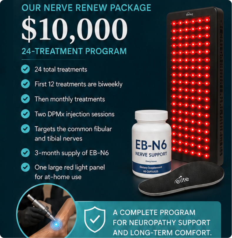 Elite Foot and Ankle's Nerve Renew Package: $10,000 24-treatment program including red light therapy panel, EB-N6 nerve support supplement, and DPMx injections for neuropathy relief