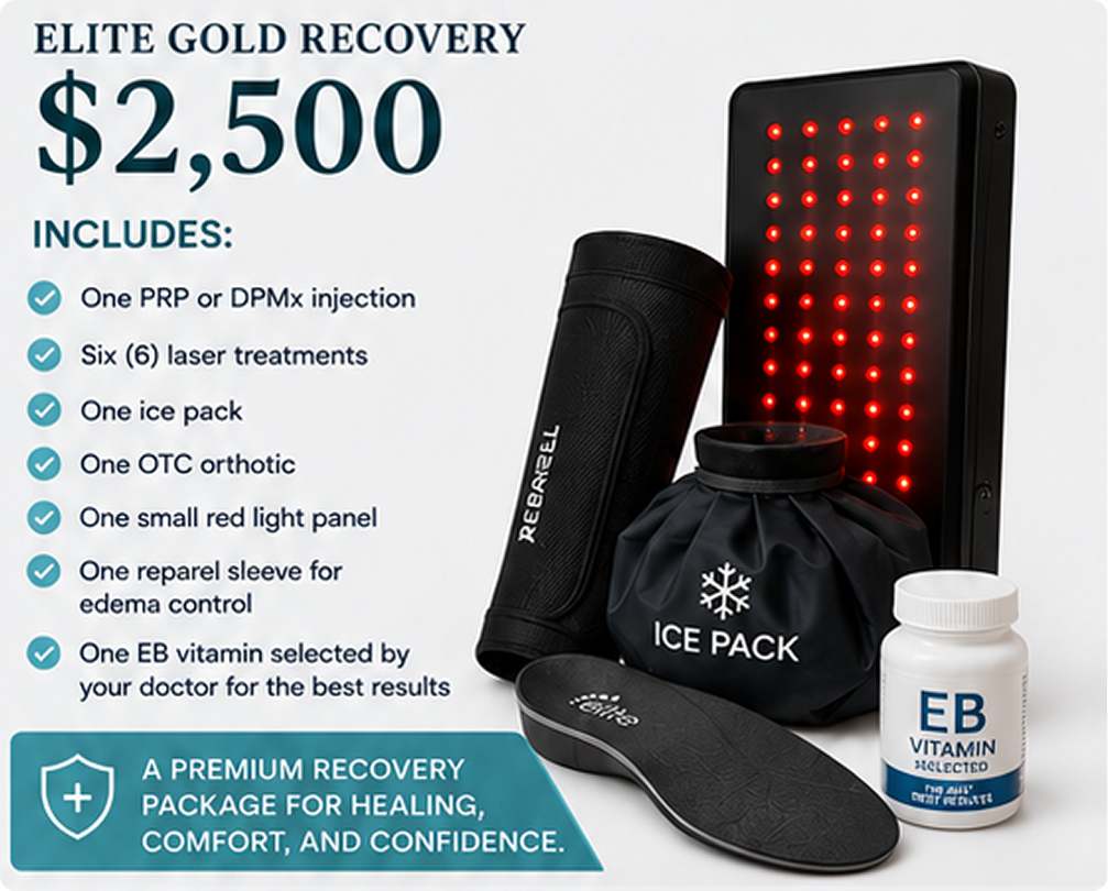 Elite Gold Recovery package for $2,500 includes PRP or DPMx injection, six laser treatments, ice pack, OTC orthotic, red light panel, reparel sleeve, and EB vitamin, displayed with treatment devices and vitamin bottle