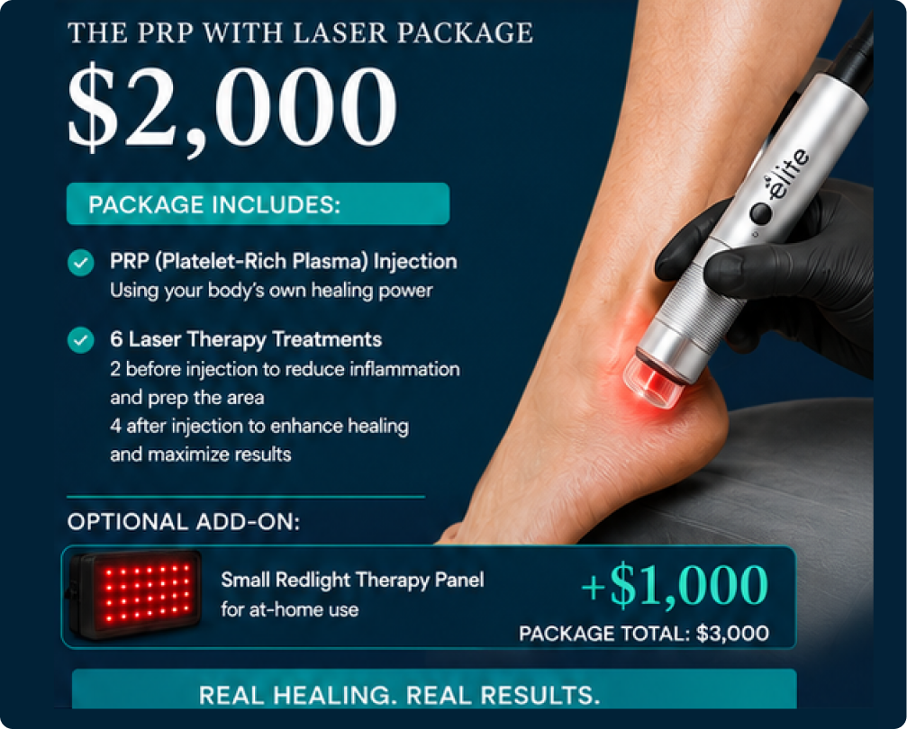 PRP with Laser Package pricing at $2,000 including PRP injection and 6 laser therapy treatments, with optional $1,000 Redlight Therapy Panel add-on
