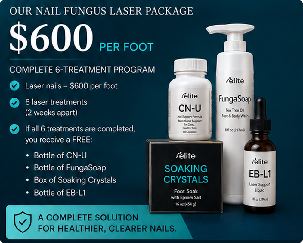Elite Nail Fungus Laser Package pricing and contents: $600 per foot for complete 6-treatment program, includes laser treatments, CN-U nutritional supplement, FungaSoap tea tree oil wash, Soaking Crystals foot soak, and EB-L1 laser support liquid