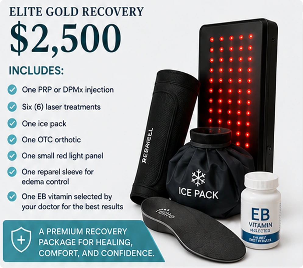 Elite Gold Recovery package $2,500 includes PRP or DPMx injection, six laser treatments, ice pack, orthotic, red light panel, compression sleeve, and EB vitamin