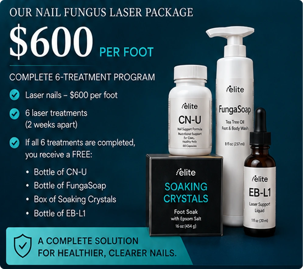 Elite Nail Fungus Laser Package pricing and details: $600 per foot for 6-treatment program, includes laser nails, CN-U supplement bottle, FungaSoap wash, Soaking Crystals, and EB-L1 laser support liquid