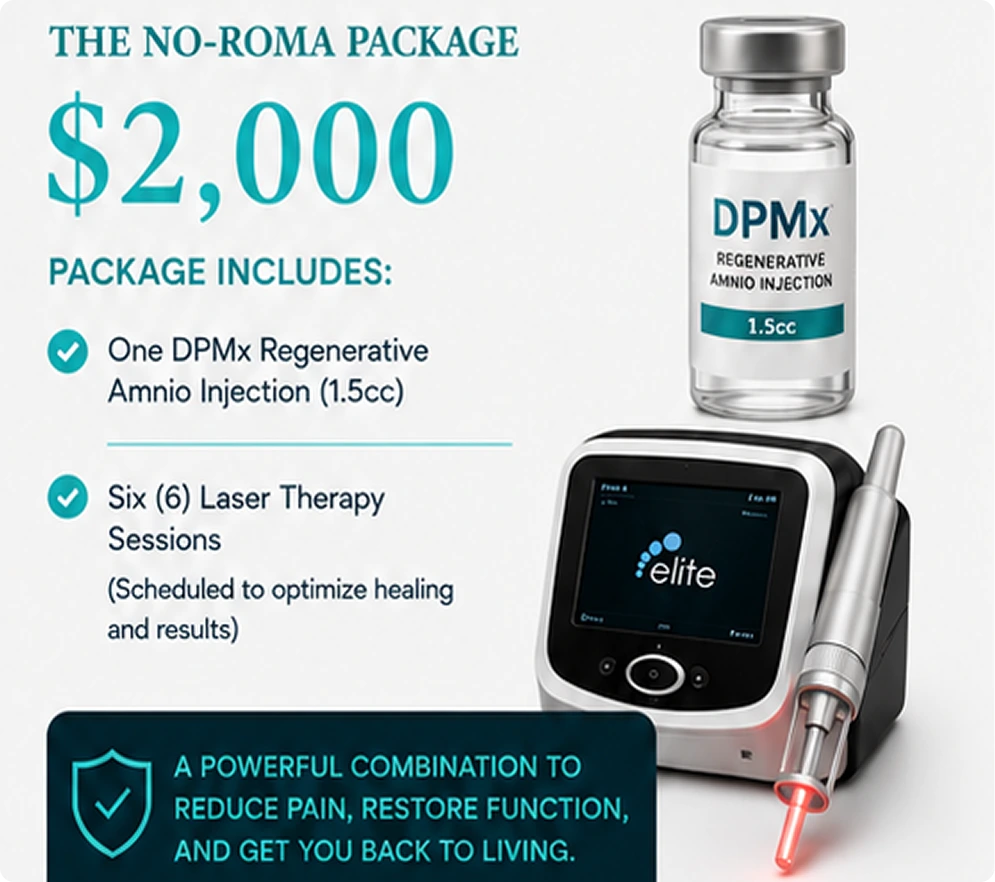 The No-Roma Package pricing and contents: $2,000 includes one DPMx Regenerative Amnio Injection (1.5cc) and six laser therapy sessions, displayed with a DPMx vial and Elite laser therapy device