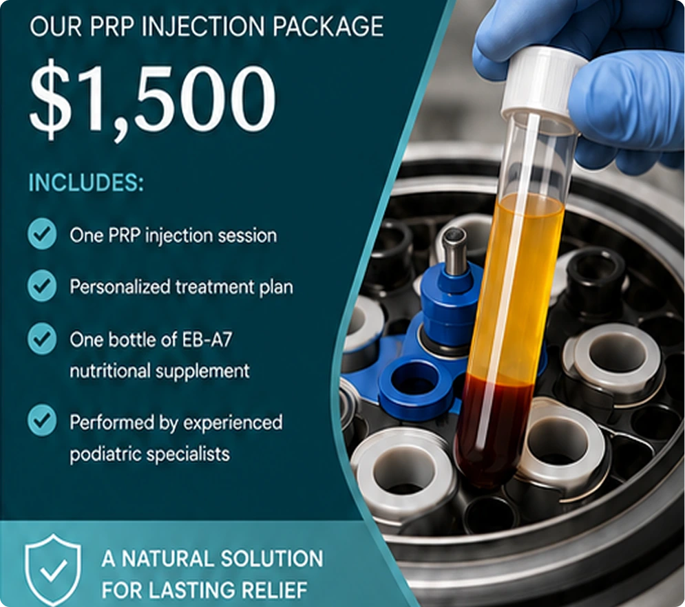 PRP injection package details showing $1,500 cost with vial of platelet-rich plasma and centrifuge equipment