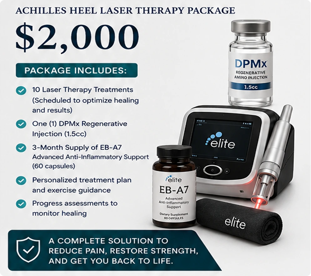 Achilles Heel Laser Therapy Package for $2,000 includes laser treatments, DPMx regenerative injection, EB-A7 supplement, treatment plan, and progress assessments