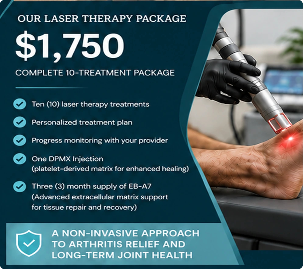 Laser therapy package pricing and details: $1,750 for 10-treatment package including laser sessions, personalized plan, progress monitoring, DPMX injection, and EB-A7 supply; practitioner applying red-light laser to patient's foot