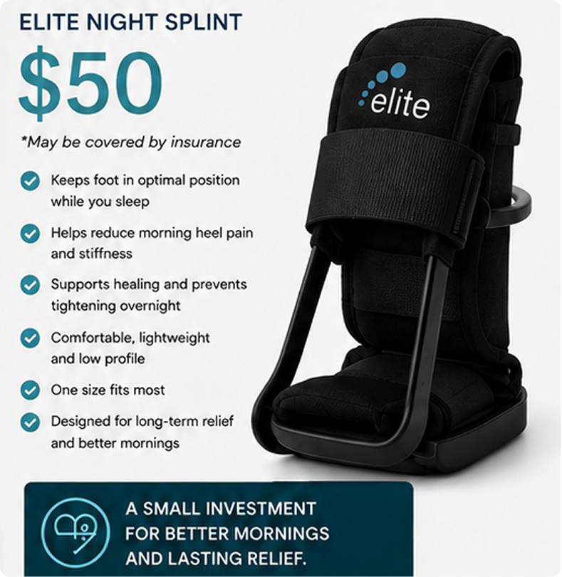 Elite Night Splint priced at $50, black foot brace with logo shown alongside benefits including heel pain relief and overnight support