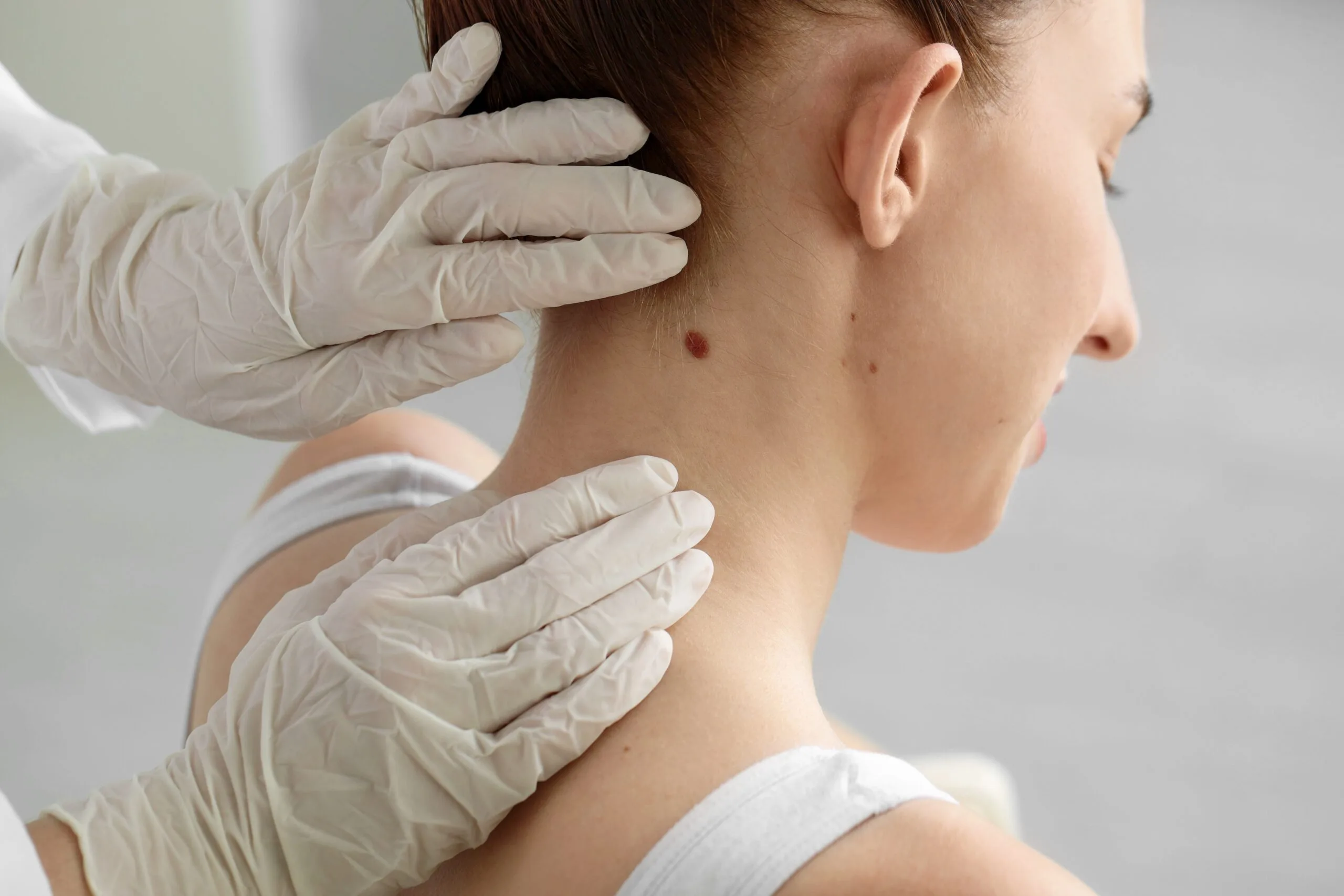 Dermatologist in gloved hands examining moles on patient's neck and shoulder