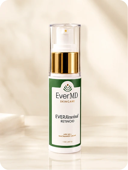 EverMD Skincare EverRewind Retinoid cream bottle with gold pump dispenser and green label