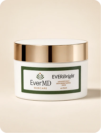 EverMD Skincare EVERBright high potency skin brightening pads in a white jar with gold lid