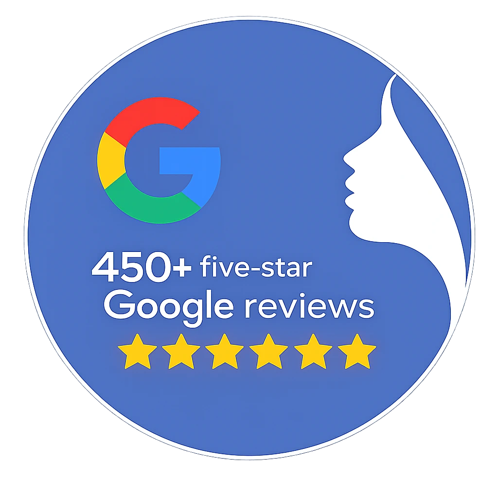 450+ five-star Google reviews badge with Google logo and six gold stars