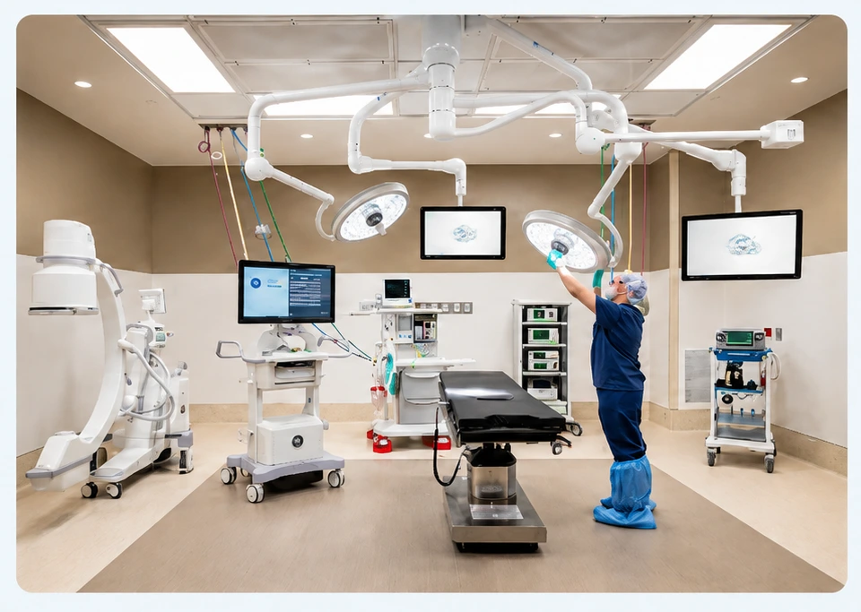 Modern robotic operating room with surgical lights, monitors, and staff preparing the suite