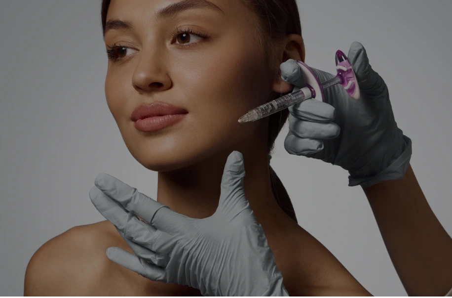 Gloved hands administering filler injection to patient's cheek