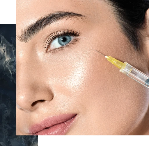 Syringe with yellow needle administering filler injection near patient's eye area