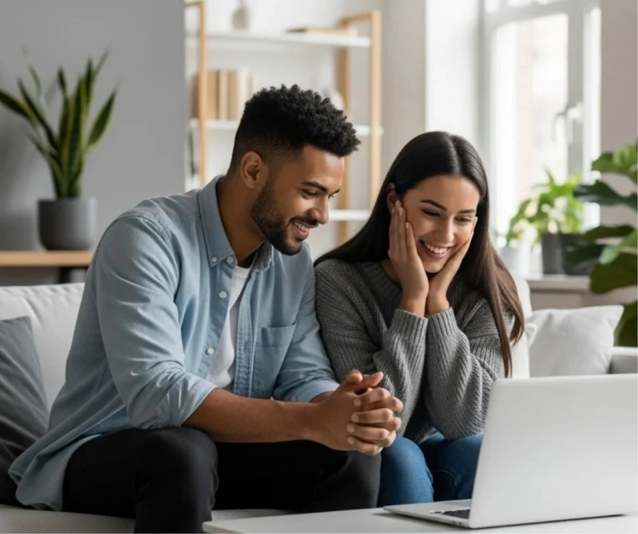 Couple smiling while viewing a laptop together on a couch in a bright, modern living room