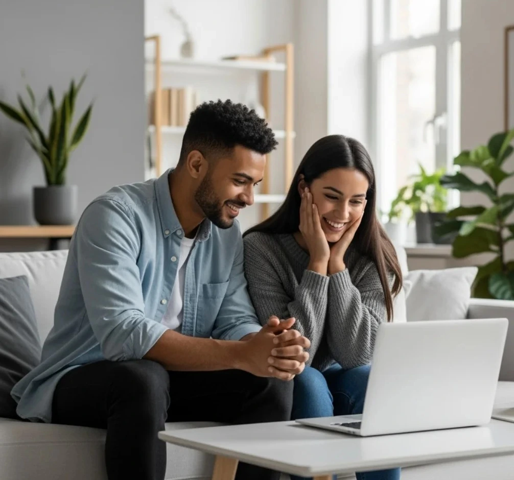 Couple sitting together on a sofa looking at a laptop in a bright living room