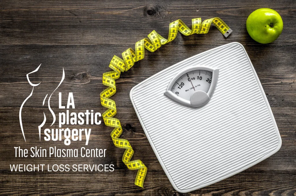 Woman checking her progress on a scale during peptide weight loss therapy at LA Plastic Surgery in Bradenton, FL