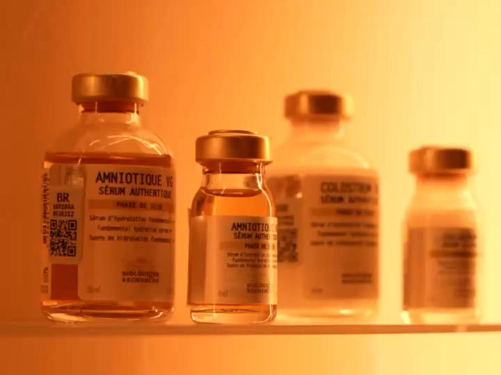Biologique Recherche serum vials on a glass shelf in warm light at La Reservé Aesthetics and Wellness